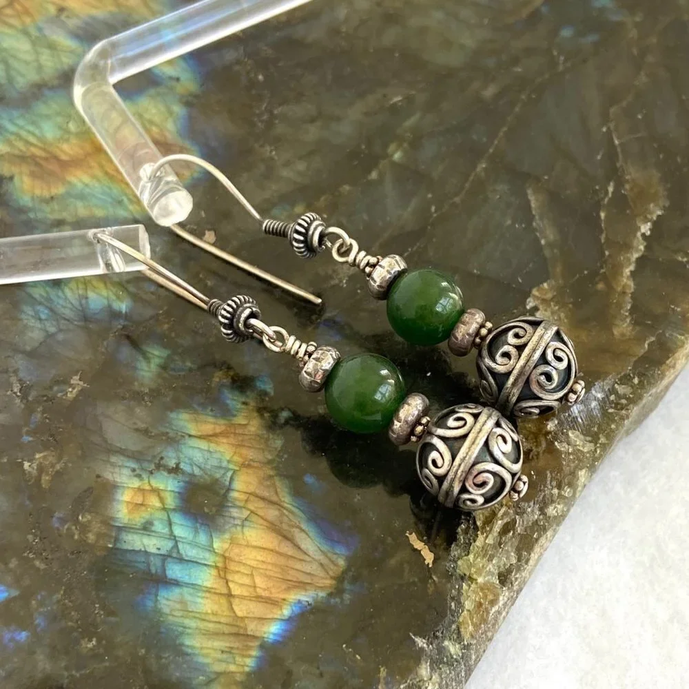Sterling Silver 925 Round Beaded Nephrite Oxidized Scrollwork Dangle Earrings
